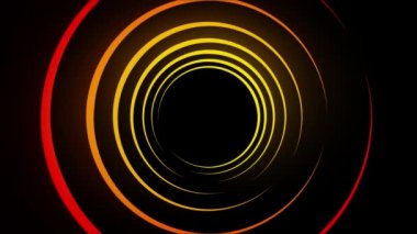 Siyah arka plan üzerinde renkli spiral çizgiler. Animasyon. Soyut hipnotik çizgiler siyah uzayda parlar ve döner. Parlak çizgiler sıcak ışık yayar ve siyah arka plan üzerinde spiraller halinde yavaşça bükülür