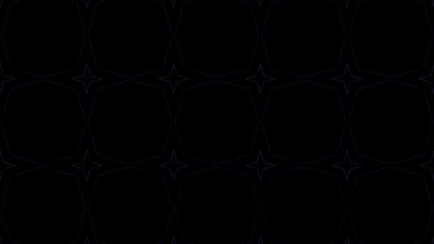Abstract background of neon kaleidoscopic patterns. Animation. Beautiful neon patterns are replaced on black background. Neon hypnotic background of repeating patterns — Stock Video