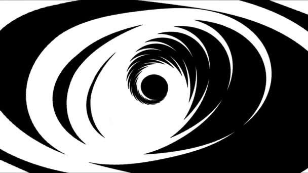 Espiral abstracta en blanco y negro. Animación. Espiral redonda hipnótica de color blanco y negro de líneas giratorias. Girando espiral ovalada de líneas blancas sobre fondo negro — Vídeo de stock