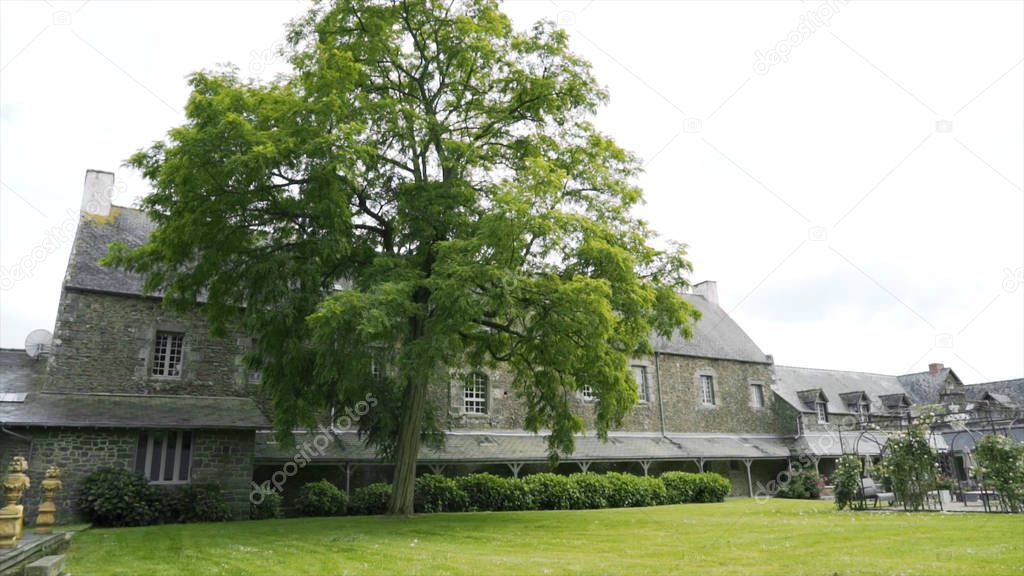 Courtyard of manor house with green lawn and tree. Action. Green tree adorns courtyard of old stone manor. Country ancestral estate