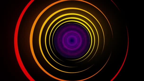 Colored spiral lines on black background. Animation. Abstract hypnotic lines glow and spin in black space. Bright lines slowly twist to center where patterns are projected — Stock Video