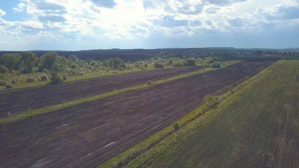 Luchtfoto van Geplofte en gezaagde velden in de buurt van het dorp of boerenhuizen in de zonnige zomerdag tegen blauwe bewolkte hemel. Clip. Prachtig uitzicht op het platteland landschap — Stockfoto
