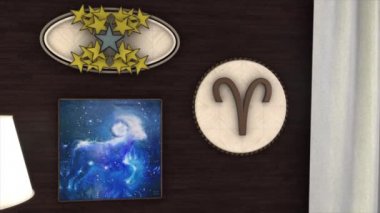 Üç boyutlu oda duvarında asılı 3d astrolojik Zodyak burcu Koç soyut animasyon. Animasyon. Bu bir enerji, amaçlılık, ısı ve Mars Plutos ev işareti.