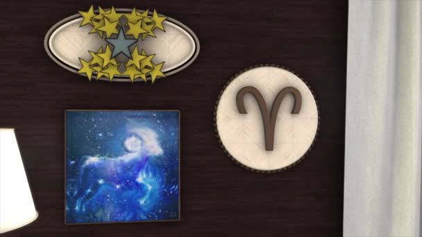 Абстрактная анимация трехмерного астрологического знака Зодиака Овен висит на стене трехмерной комнаты. Анимация. Это энергия, целеустремленность, тепло и знак дома Марса Плутоса . — стоковое видео