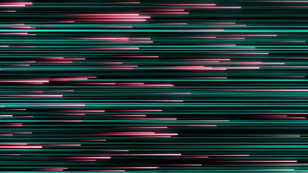 Animação abstrata de raios de néon multicoloridos voando horizontalmente sobre o fundo preto. Animação. Animação HD com raios de néon. Moção de fundo . — Vídeo de Stock