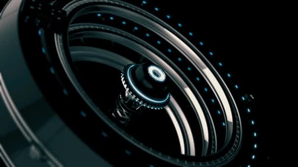 Animated futuristic abstraction of 3d electronic device, rotating chrome circles on the black background. Animation. Central sight of wheels in technology. Subtle mechanical parts on black background. — Stock Video