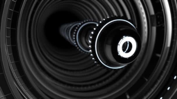 Geanimeerde futuristische tunnel van 3D roterende chroom cirkels met langwerpig elektronisch apparaat op de zwarte achtergrond. Animatie. Subtiele mechanische onderdelen op zwarte achtergrond. — Stockvideo