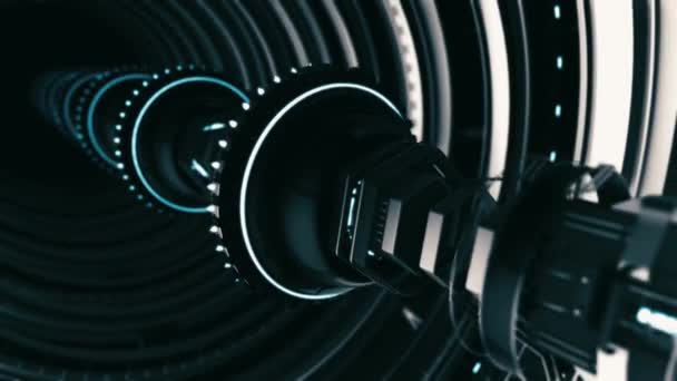 Animated futuristic tunnel of 3d rotating chrome circles with elongated electronic device on the black background. Animation. Subtle mechanical parts on black background. — Stock Video