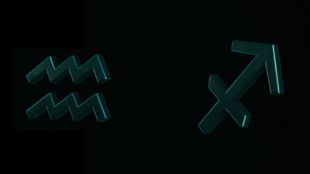 Αφηρημένη κινούμενη εικόνα δύο 3D αστρολογικές πινακίδες Υδροχόος και Τοξότης που περιστρέφονται σε σκοτεινό φόντο. Κινούμενα σχέδια. Ωροσκόπιο. Μέρος μιας σειράς ζωδιακού. — Αρχείο Βίντεο
