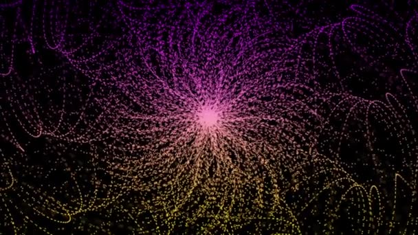 Дивовижна абстракція великої мережі, що складається з різнокольорових неонових частинок, скручених у різних спіралях на чорному тлі. Анімація. Барвистий абстрактний фон для Інтернету . — стокове відео