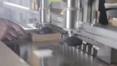 Marangoz matkaplar ile endüstriyel makine üzerinde çalışıyor. Eylem. Ahşap tahta delikler yapan endüstriyel makine üzerine sabitlenir. Ahşap işletmede profesyonel ekipmanlar