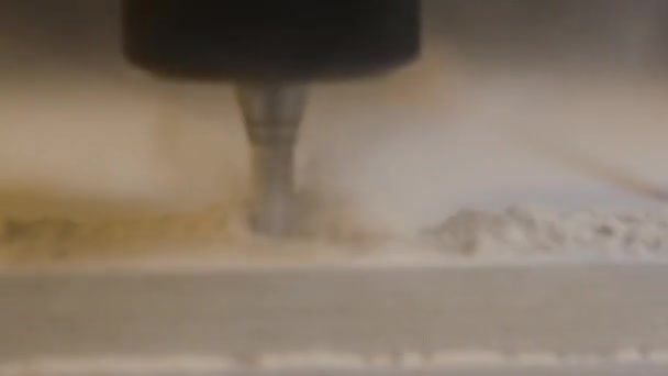 Close-up of machine in dust cutting wooden board. Action. Modern equipment for fine and precise cutting of wooden boards and plywood — Stock Video