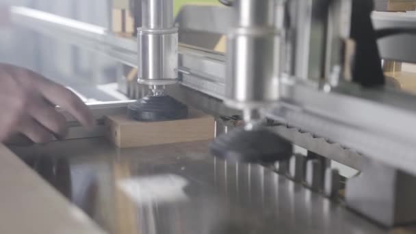 Carpintero trabajando en máquina industrial con taladros. Acción. Tablero de madera se fija en la máquina industrial que hace agujeros. Equipo profesional en la empresa de carpintería — Vídeo de stock