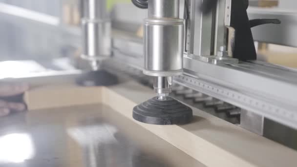 Carpintero trabajando en máquina industrial con taladros. Acción. Tablero de madera se fija en la máquina industrial que hace agujeros. Equipo profesional en la empresa de carpintería — Vídeo de stock