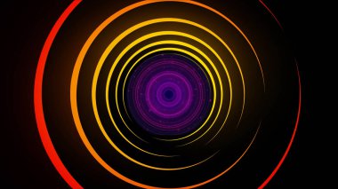 Siyah arka plan üzerinde renkli spiral çizgiler. Animasyon. Soyut hipnotik çizgiler siyah uzayda parlar ve döner. Parlak çizgiler desenlerin yansıtıldığı merkeze yavaşça bükülür