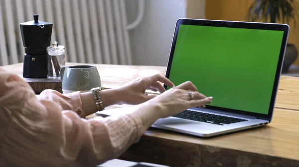 Mujer joven en camisa rosa sentada en la gran mesa de madera y escribiendo en su computadora portátil con pantalla verde croma clave. Imágenes de archivo. Pantalla de clave de croma para la colocación de su propio contenido . — Foto de Stock