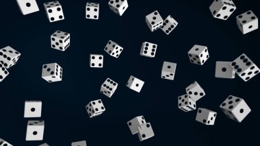 Karanlık arka planda uçan birçok zar Soyut animasyon. Animasyon. Siyah ve beyaz zar döngü hareketli, 3d render