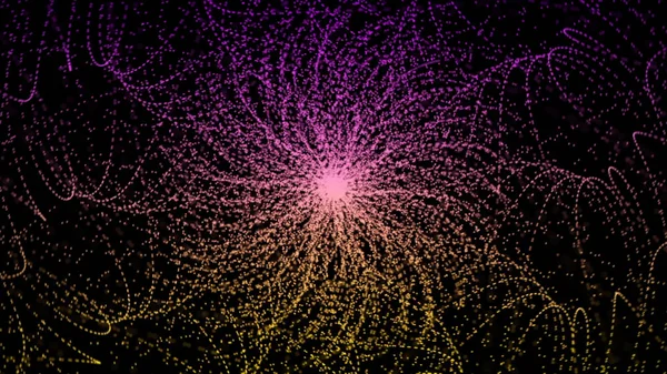 Incroyable abstraction de grande toile composée de particules de néon multicolores tordues en différentes spirales sur un fond noir. Animation. Fond abstrait coloré pour le web . — Photo