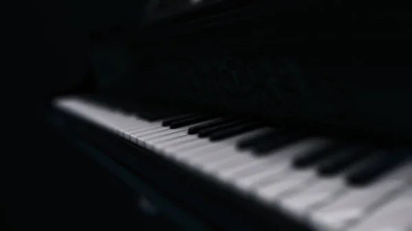 暗闇の中で白いぼやけたキーを持つ豪華な黒いピアノのアニメーション。アニメーション。3D レンダリング イラストレーション。4kアニメーション. — ストック写真