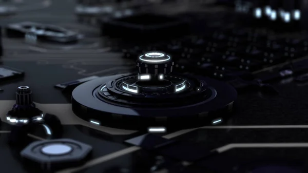 Абстрактная анимация 3D электронного устройства, вращающиеся хромированные черные круги и освещающие неоновые кольца на системной плате. Анимация. Футуристические технологии — стоковое фото