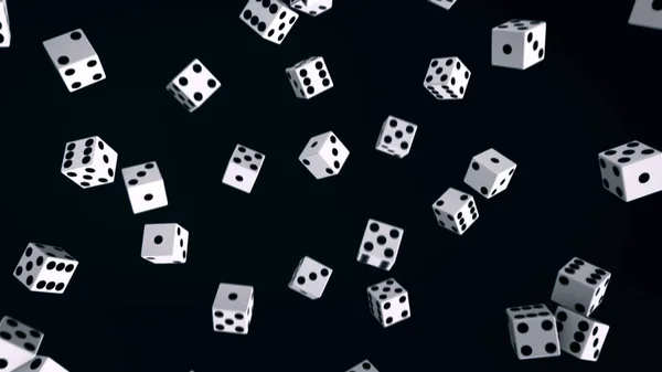 Abstract animation of many dice flying up on the dark background. Animation. Black and white dice loop moving, 3d rendering — Stock Photo, Image