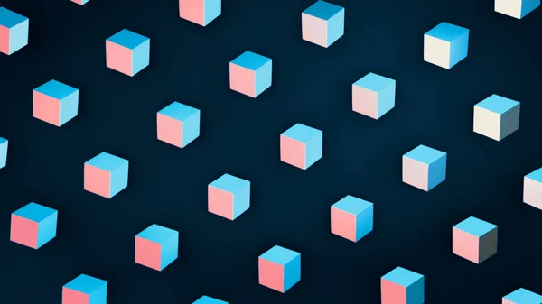 Animation of 3d rendering of white geometric shapes. Colorful cartoon background with large number of small 3d cubes. Animation. Computer generated loop animation.