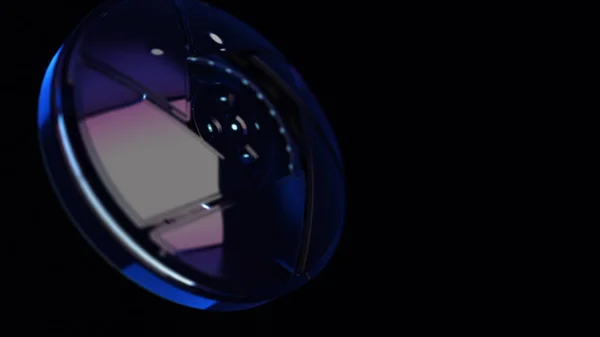 Abstração futurista do dispositivo eletrônico 3d sobre o fundo preto. Visão central de rodas em tecnologia. Peças mecânicas sutis no fundo preto . — Fotografia de Stock