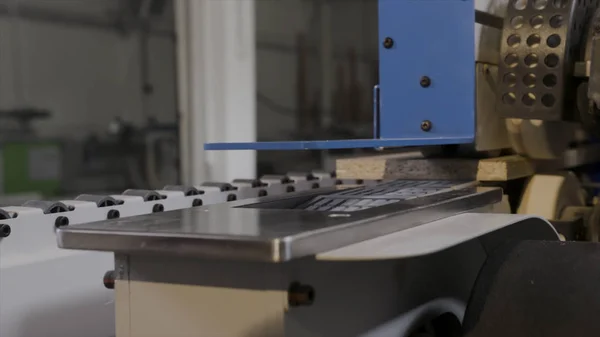 Close-up of moving machine with wooden boards. Action. Close-up of board moving on tape machine in industrial enterprise. Automated modern equipment for wooden products