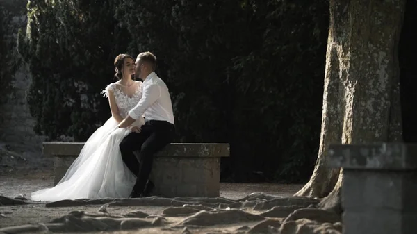 Beautiful fairytale newlywed couple sitting on the stone bench and kissing in the park. Action. The stylish groom embraces the lovely bride in the garden. — Stock Photo, Image