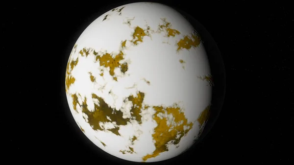 Abstract animation of yellow planet covering with ice and rotating on the black background. Animation. The process of planets freezing