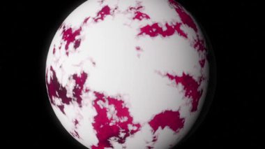 Uzayda yörüngede dönen ve siyah arka planda eriyen buzla kaplayan pembe gezegenin soyut animasyonu. Animasyon. Buzul erime süreci