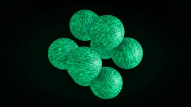 3d animasyon. Siyah bir arka plan üzerinde dönen ve parıldayan çok renkli küçük kürelerin soyut animasyonu. Animasyon. Değişen yüzeylerle renkli topların animasyonu