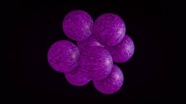 3d animasyon. Siyah bir arka plan üzerinde dönen ve parıldayan çok renkli küçük kürelerin soyut animasyonu. Animasyon. Değişen yüzeylerle renkli topların animasyonu