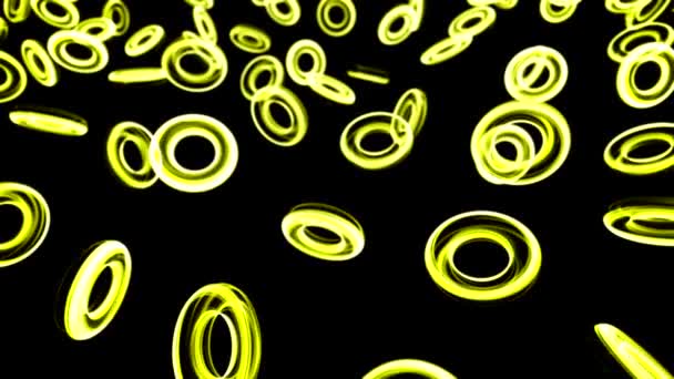 Abstract animatie van kleurrijke kleine neonringen die glinsteren en zweven op de zwarte achtergrond. Animatie. Gloeiende ringen in het donker — Stockvideo