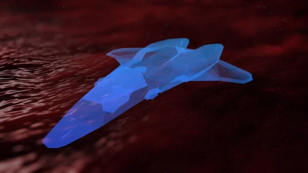Colorful abstract animation of 3d spaceship generation hovering over the red liquid substance. Animation. 3d animation of spacecraft of the future