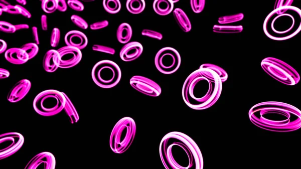 Abstraktní animace barevných malých neonových kroužků, které se třpytí a vznášejí na černém pozadí. Animace. Zářící prsteny ve tmě — Stock fotografie
