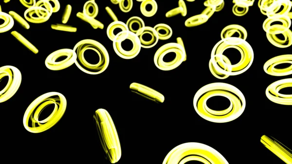 Abstract animation of colorful small neon rings shimmering and floating on the black background. Animation. Glowing rings in the dark — ストック写真