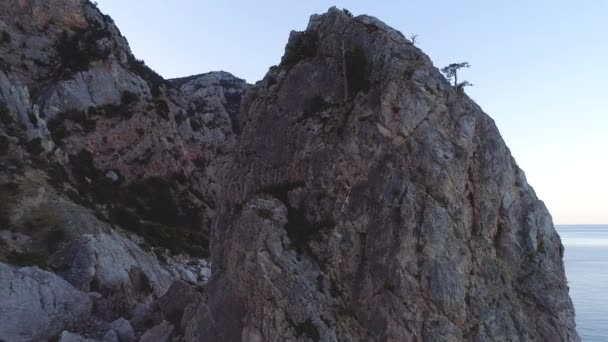 Άποψη των άγριων βράχων στη θάλασσα. Πυροβολήθηκε. Βράχος υπό την επήρεια διάβρωσης διαχωρισμένος από τον ορεινό όγκο. Ισχυρές βραχώδεις οροσειρές της ήρεμης ακτής — Αρχείο Βίντεο