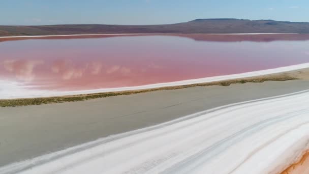 Draufsicht auf wunderschöne Landschaft mit rosa See. Schuss. Außerirdisches Naturwunder mit rosa Wasser. wunderschöne Landschaft mit rosa See, weißem Sand und Bergen am Horizont — Stockvideo