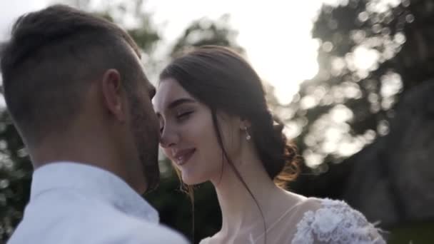 Close-up weergave van mooie gelukkige bruidspaar staande in het Park, glimlachend en knuffelen met vervaagde vormen van bomen op de achtergrond. Actie. Een Storybook bruiloft — Stockvideo