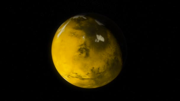 Abstraktní animace žluté planety zakrývající LED a otáčející se na černém pozadí. Animace. Postup při zmrazení Planet — Stock video