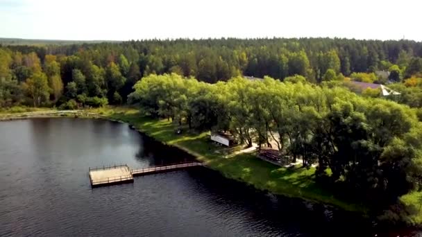 Top kilátás tó fa móló a háttérben az erdő. Csípés. Gyönyörű vidéki hely a pihenésre a zöld erdőben a tó mellett. Vidéki nyaraló tó és móló nyáron — Stock videók