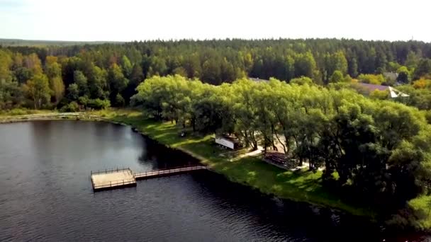 Vista superior del lago con muelle de madera sobre fondo de bosque. Clip. Hermoso lugar de campo para relajarse en el bosque verde junto al lago. Casa de vacaciones de campo con lago y muelle en verano — Vídeos de Stock