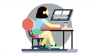 Stresli çizgi filmdeki kadın masada oturuyor, bilgisayarın başında çalışıyor ve kahve içiyor. Animasyon. Bilgisayardaki yorgun ofis çalışanı işini yapıyor..