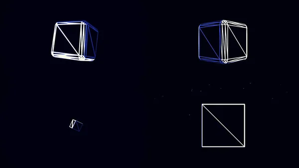 Abstract four cube frames of white color rotating on dark blue background, seamless loop. Animation. Geometrical figures spinning, getting closer and fly away. — Stock Photo, Image