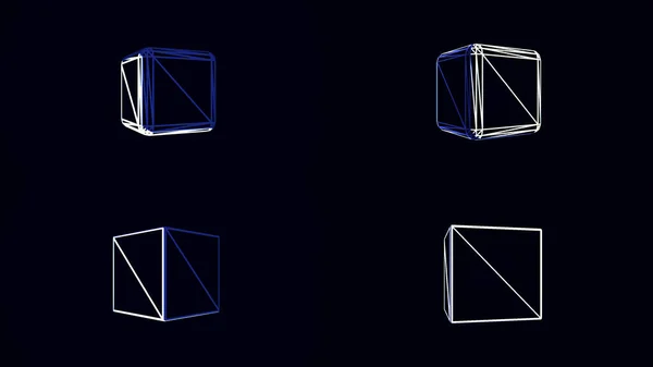 Résumé quatre cadres cubiques de couleur blanche tournant sur fond bleu foncé, boucle sans couture. Animation. Chiffres géométriques filant, se rapprochant et s'envolant . — Photo