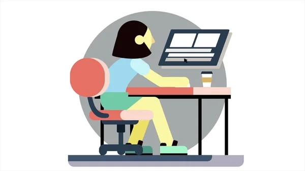 Mujer de dibujos animados estresada sentada en la mesa, trabajando en la computadora y tomando café. Animación. Trabajadora cansada en la computadora haciendo su trabajo . —  Fotos de Stock
