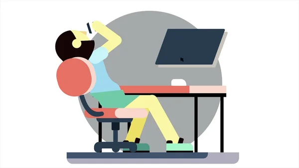 ストレスを受けた漫画の女性は、テーブルに座って、コンピュータで働いてコーヒーを飲む。アニメーション。仕事をしてるコンピューターの事務員だ. — ストック写真