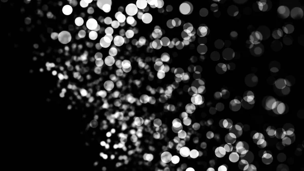 Magiska glänsande vita bokeh ljus flyger långsamt på svart bakgrund, monokrom. Animering. Vackra glödande små prickar i kaotisk rörelse, sömlös loop. — Stockfoto