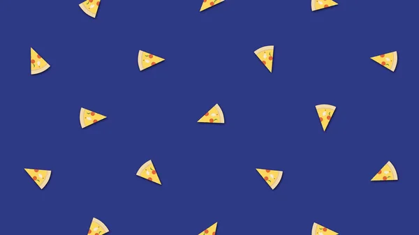 Искусство движения, лакомые кусочки пиццы на голубом фоне, концепция быстрого питания. Анимация. Перемещение хаотичных ломтиков пиццы пепперони, бесшовная петля . — стоковое фото